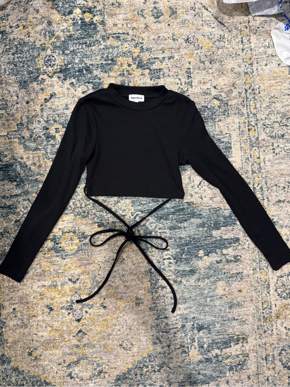 superdown Black Ribbed Cropped Tie-Waist Long Sleeve Top
